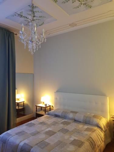阿斯蒂Appartamento Rosalba的一间卧室配有一张大床和一个吊灯。