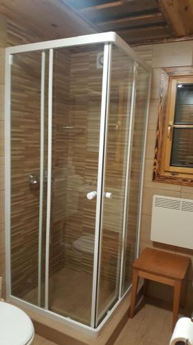 卢斯Holiday Home Prdelanca的一间带卫生间的浴室内的玻璃淋浴间