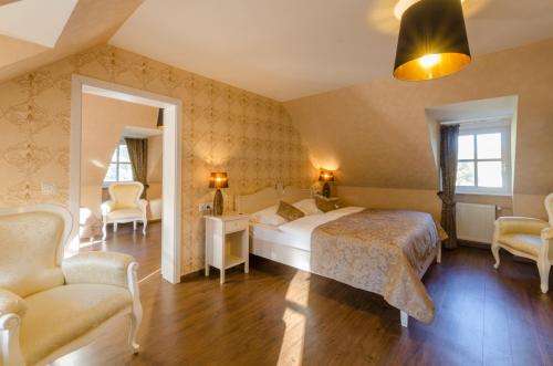 Schorssow萨伊施劳斯邵索酒店的一间卧室配有一张床、两把椅子和镜子