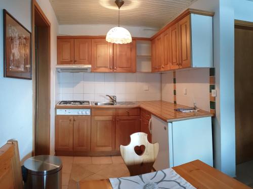 VitanjeApartma Bellevue Rogla的一个带木制橱柜和水槽的厨房