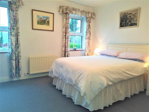 班特里Ravens Oak, West Cork的一间卧室设有一张大床和两个窗户。
