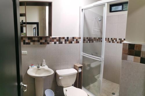 曼塔Apartamento habitación ejecutiva的浴室配有卫生间、淋浴和盥洗盆。