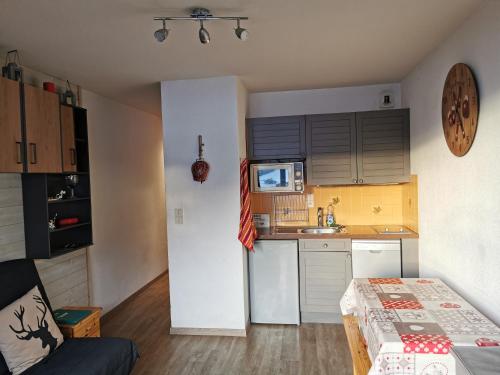 大博尔南Studio le Grand-Bornand Village的小厨房配有白色冰箱和水槽