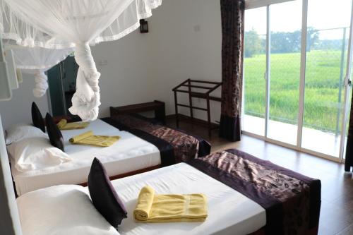 波隆纳鲁沃曼内尔旅馆的美景客房内的三张床