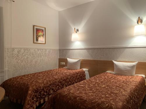 德鲁斯基宁凯兄弟别墅的两张床铺,位于酒店客房,墙上有灯