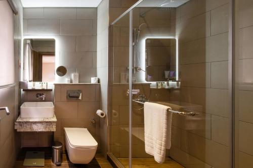 拉各斯The White Orchid Hotel的带淋浴、卫生间和盥洗盆的浴室