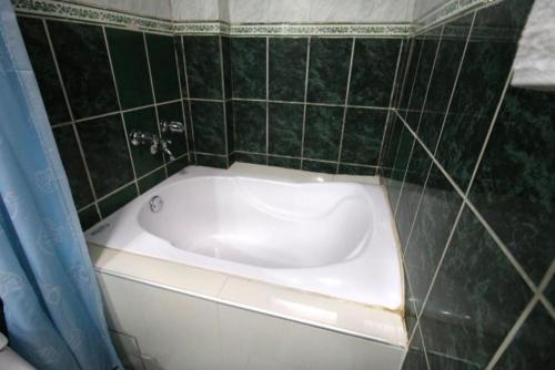 库斯科Hotel Peru Real的浴室铺有绿色瓷砖,配有浴缸。