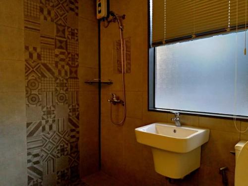 安吉利斯Hotel Snow Angeles的一间带水槽和淋浴的浴室以及窗户。