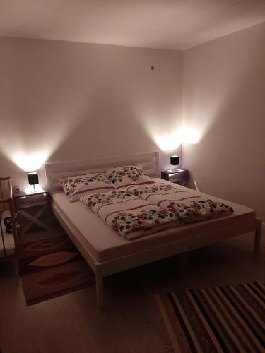 利普托斯基米库拉斯Holiday Home Galícius的一张床上,房间有两个灯