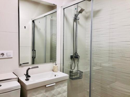 加的斯Apartamento Ecuador的带淋浴和盥洗盆的白色浴室