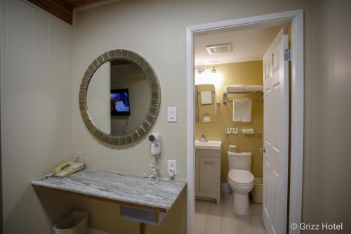 雷夫尔斯托克Grizz Hotel的一间带水槽、镜子和卫生间的浴室