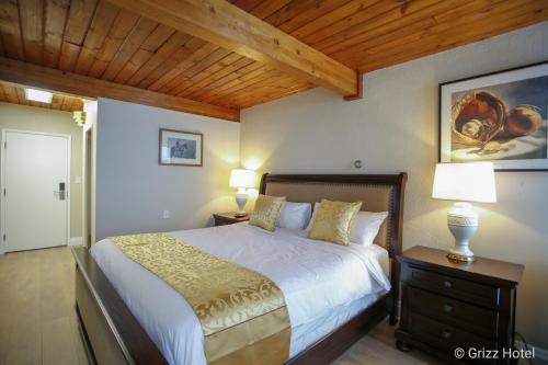 雷夫尔斯托克Grizz Hotel的一间卧室配有一张床和两张台灯。