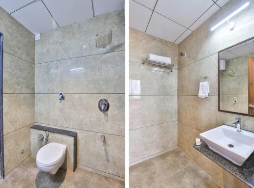 艾哈迈达巴德Hotel Sparsh Inn - Chandkheda的浴室的两张照片,配有卫生间和水槽