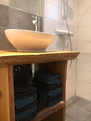 Den IlpAmsterdam Twiskehouse的浴室设有水槽和一堆毛巾