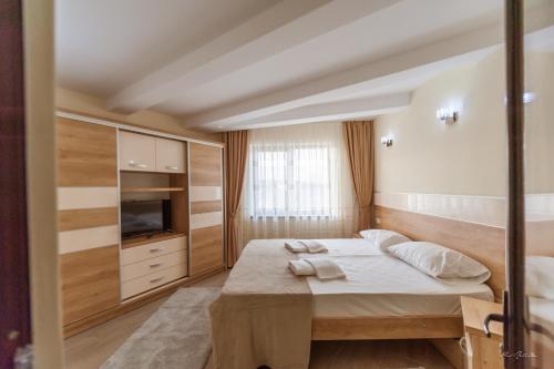 皮特什蒂Dany Luxury Apartments的一间卧室配有一张大床和电视
