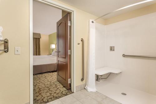 格尼Holiday Inn Chicago North - Gurnee, an IHG Hotel的带淋浴、卫生间和盥洗盆的浴室
