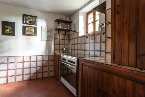 阿梅利亚Barca Country House的厨房配有木制橱柜和炉灶。