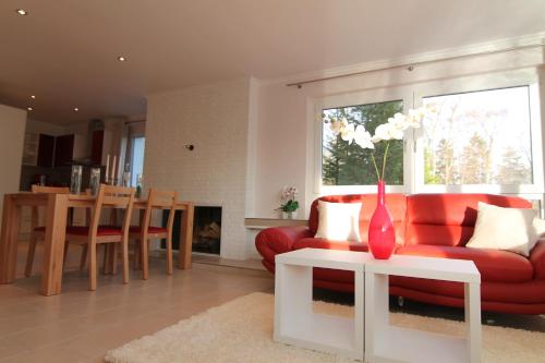 布劳恩拉格布城霍夫公寓的客厅配有红色的沙发和桌子上的花瓶