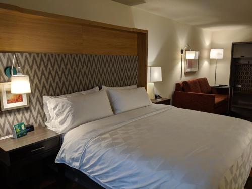 尚佩恩Holiday Inn Champaign, an IHG Hotel的卧室配有一张白色大床和一把椅子