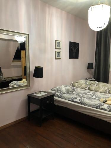 MirosławiecPałac Myśliwski Orle的一间卧室配有一张床、镜子和一张桌子