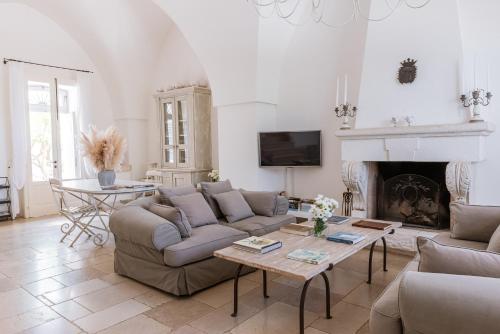 萨维勒特里Masseria Don Luigi-Luxury Farmhouse的带沙发和壁炉的客厅