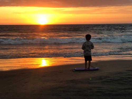 维加伊托Vistazul的站在海滩冲浪板上的男孩