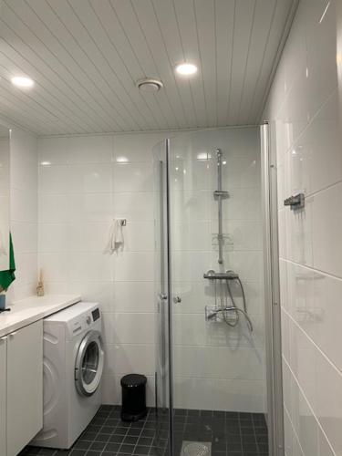 赫尔辛基Stylished and Bright studio apartment的带淋浴和洗衣机的浴室