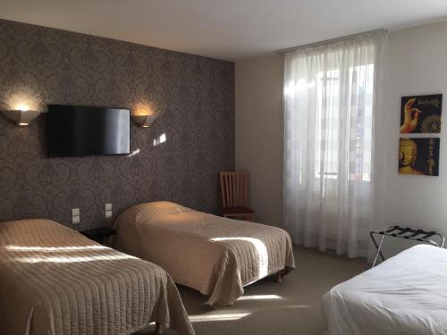 巴伯济约Hôtel Restaurant La Boule d'Or的酒店客房设有两张床和一台平面电视。