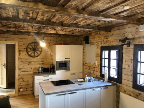 索内纳尔佩·纳斯费尔德Stubihuettn的一间厨房,配有白色家电和木墙