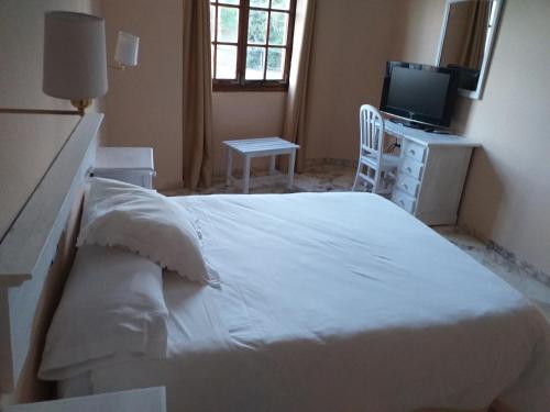 桑蒂蓬塞罗曼剧场酒店的卧室配有白色的床和电视。