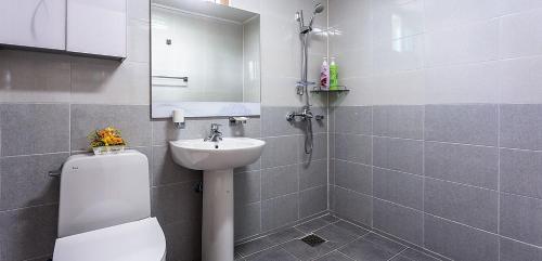 西归浦市J&J pension的一间带卫生间、水槽和镜子的浴室