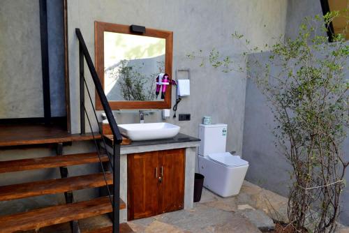 达瓦拉维Kottawatta River Bank Resort的一间带水槽、镜子和卫生间的浴室