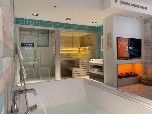 豪滕豪滕凡德瓦克酒店的带浴缸、电视和壁炉的浴室