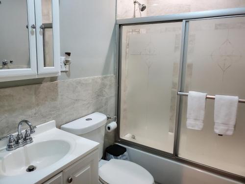 布鲁克林大西洋大道舒适公寓的带淋浴、卫生间和盥洗盆的浴室