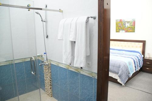 塔什干Nurziyo Guest House的带淋浴的浴室和1张床