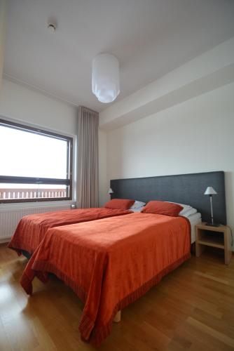 易拉斯加威Ylläshuiput的一间卧室设有两张带橙色床单的床和窗户。