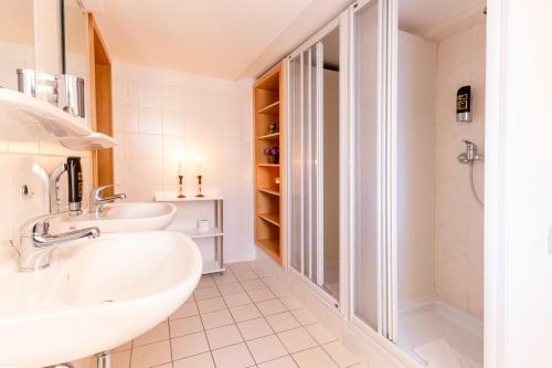 塞芬Waldgasthof Bad Einsiedel的一间带两个盥洗盆和淋浴的浴室