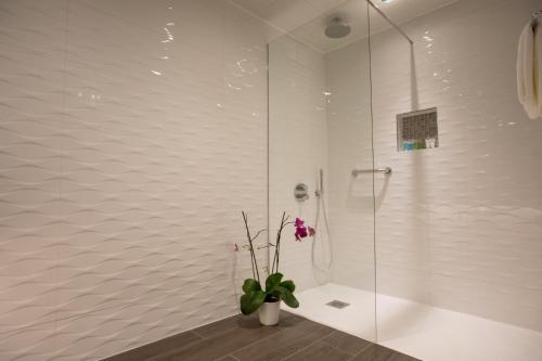 直布罗陀The Eliott Hotel的一间带淋浴的浴室,配有盆栽植物