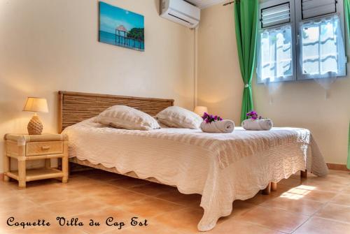 勒弗朗索瓦Coquette villa du Cap Est的一间卧室配有一张带两个枕头的床