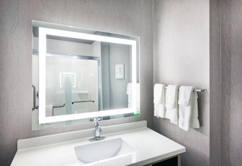 拉伯克Holiday Inn Lubbock South, an IHG Hotel的浴室配有盥洗盆、镜子和毛巾