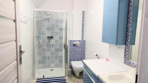 卡尔帕奇Apartament z widokiem.的带淋浴、卫生间和盥洗盆的浴室