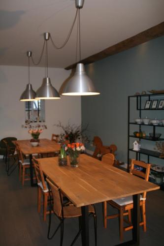 OverasseltB&B Agnetenhoeve的用餐室配有木桌、椅子和灯