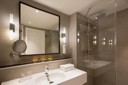 柏林柏林市中心东普伦茨劳贝格假日酒店的一间带水槽、淋浴和镜子的浴室