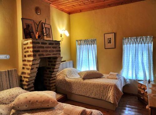 Sidhirokhórion德卢纳别墅酒店的一间卧室设有两张床和一个壁炉