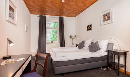 埃森卢哲巴赫酒店的一间卧室配有一张床、一张书桌和一个窗户。