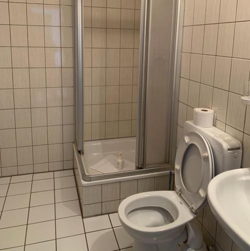 弗洛托Hotel Ellermann的浴室配有卫生间、淋浴和盥洗盆。