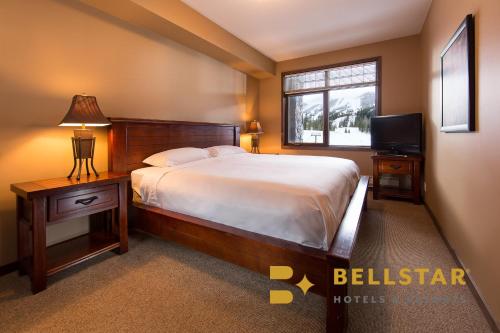 戈尔登冰川登山旅馆的一间卧室配有一张大床和电视
