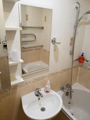 科布林Apartment on 700-letiya Kobrina 4的浴室配有盥洗盆和带镜子的淋浴