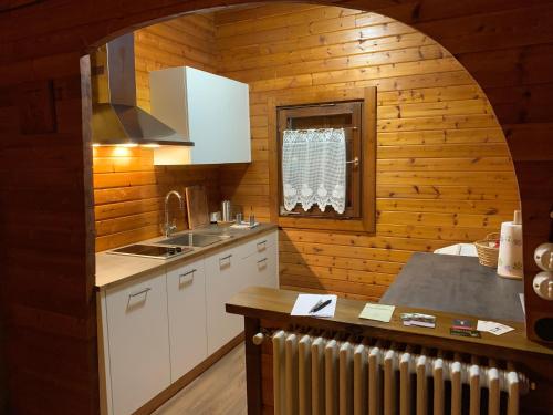萨洛尔诺Chalet San Valentino的小屋内的厨房配有白色橱柜和窗户