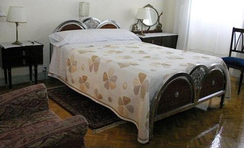马德里德尔菲娜旅馆的一间卧室配有一张床和一把椅子